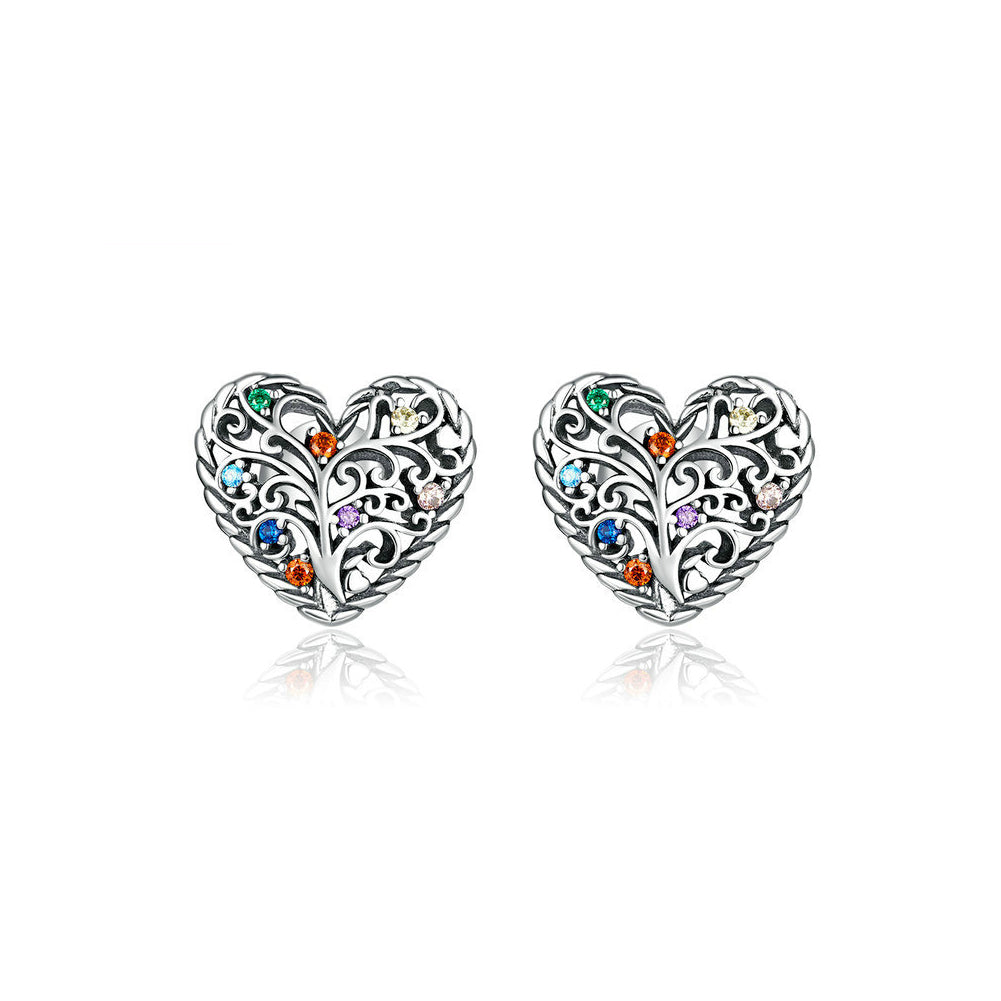 925 Sterling Silver Fashion Vintage Tree Of Life Heart Stud Earrings with Cubic Zirconia