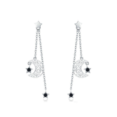 925 Sterling Silver Fashion Simple Hollow Pattern Moon Star Tassel Earrings with Cubic Zirconia
