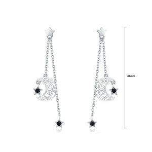 925 Sterling Silver Fashion Simple Hollow Pattern Moon Star Tassel Earrings with Cubic Zirconia