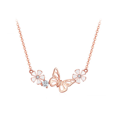 925 Sterling Silver Plated Rose Gold Fashion Temperament Butterfly Flower Necklace with Cubic Zirconia