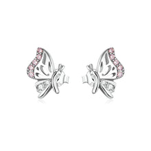 Load image into Gallery viewer, 925 Sterling Silver Simple Sweet Butterfly Stud Earrings with Pink Cubic Zirconia