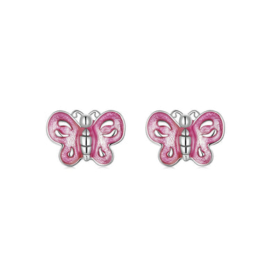 925 Sterling Silver Simple Cute Enamel Pink Butterfly Stud Earrings
