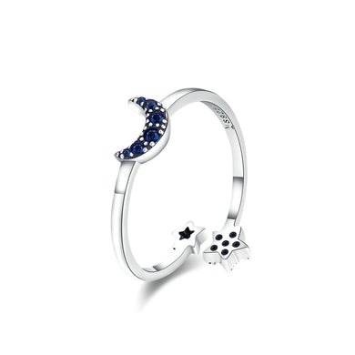 925 Sterling Silver Fashion Simple Moon Star Adjustable Open Ring with Cubic Zirconia