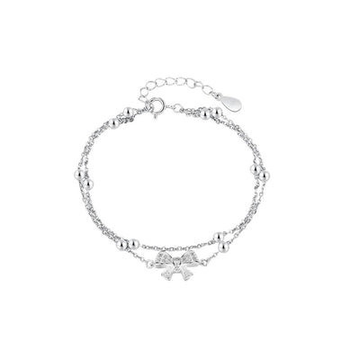 925 Sterling Silver Simple Sweet Ribbon Double Layer Bracelet with Cubic Zirconia