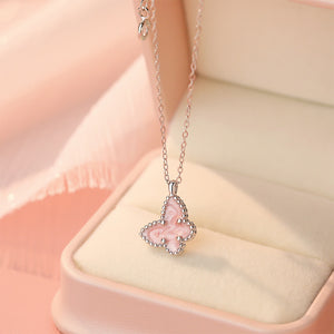925 Sterling Silver Fashion Simple Enamel Pink Butterfly Pendant with Necklace