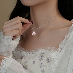 925 Sterling Silver Fashion Simple Enamel Pink Butterfly Pendant with Necklace