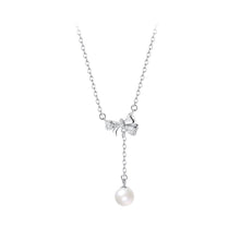 Load image into Gallery viewer, 925 Sterling Silver Fashion Sweet Ribbon Imitation Pearl Tassel Pendant with Cubic Zirconia and Necklace