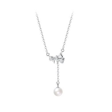 925 Sterling Silver Fashion Sweet Ribbon Imitation Pearl Tassel Pendant with Cubic Zirconia and Necklace