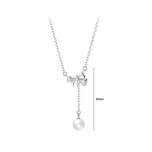 Load image into Gallery viewer, 925 Sterling Silver Fashion Sweet Ribbon Imitation Pearl Tassel Pendant with Cubic Zirconia and Necklace