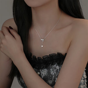 925 Sterling Silver Fashion Sweet Ribbon Imitation Pearl Tassel Pendant with Cubic Zirconia and Necklace
