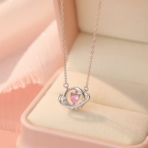 925 Sterling Silver Fashion and Creative Pink Heart-shaped Planet Pendant with Cubic Zirconia and Necklace