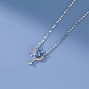 925 Sterling Silver Fashion Creative Ribbon Moon Pendant with Cubic Zirconia and Necklace