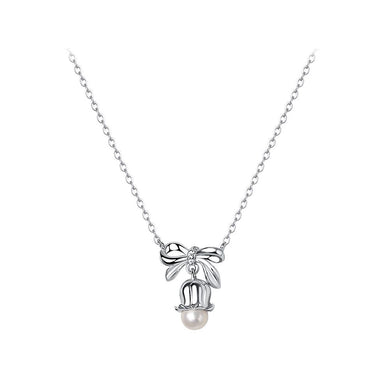 925 Sterling Silver Fashion Simple Ribbon Lily Of The Valley Pendant with Imitation Pearls and Necklace