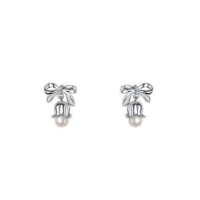 925 Sterling Silver Simple Fashion Ribbon Lily Of The Valley Flower Imitation Pearl Stud Earrings