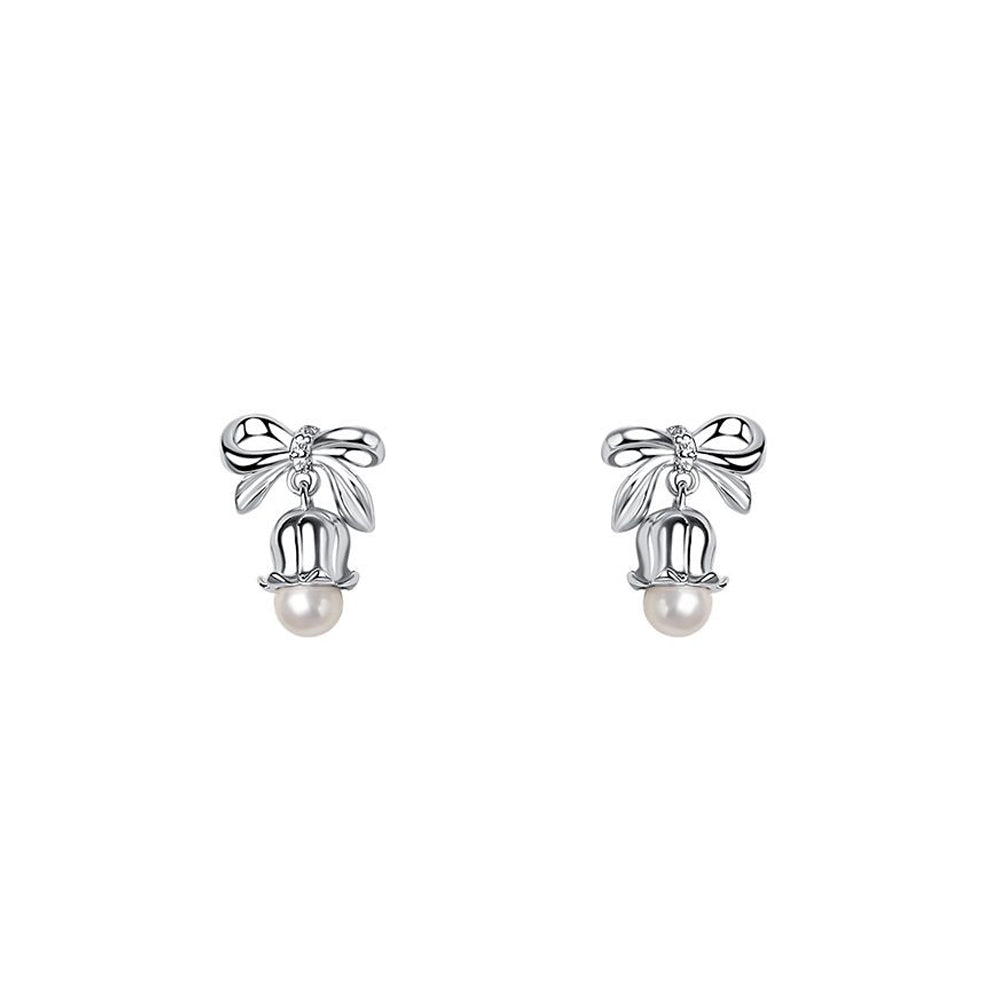 925 Sterling Silver Simple Fashion Ribbon Lily Of The Valley Flower Imitation Pearl Stud Earrings