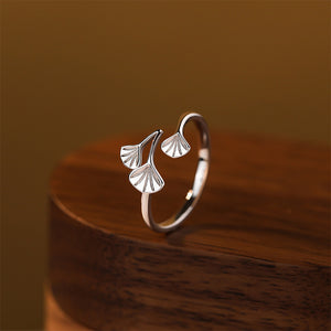 925 Sterling Silver Fashion Simple Ginkgo Leaf Adjustable Open Ring