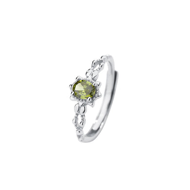 925 Sterling Silver Fashion Geometric Oval Adjustable Ring with Green Cubic Zirconia