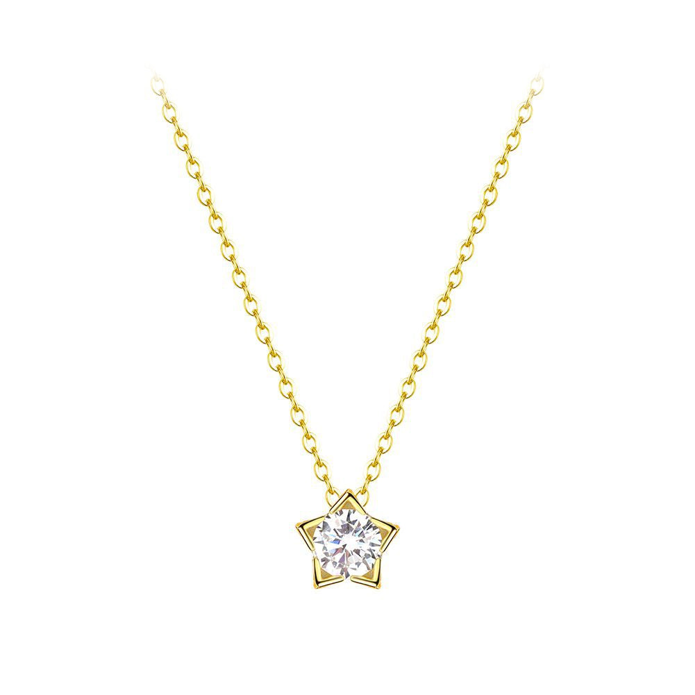 925 Sterling Silver Plated Gold Simple Fashion Star Pendant with Cubic Zirconia and Necklace
