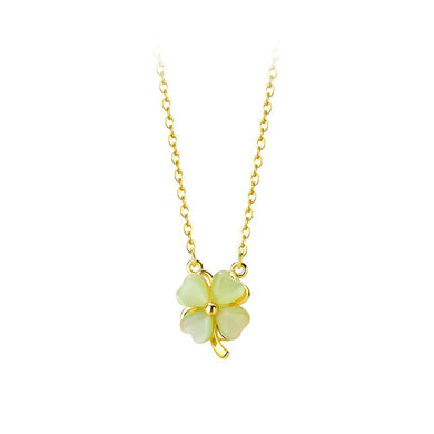 925 Sterling Silver Plated Gold Simple and Fashion Four-leafed Clover Imitation Cats Eye Pendant with Necklace