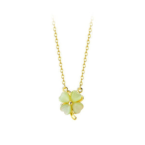 925 Sterling Silver Plated Gold Simple and Fashion Four-leafed Clover Imitation Cats Eye Pendant with Necklace