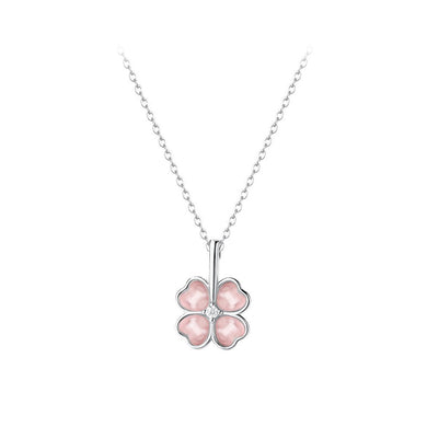 925 Sterling Silver Simple and Elegant Four-leafed Clover Imitation Cats Eye Pendant and Necklace