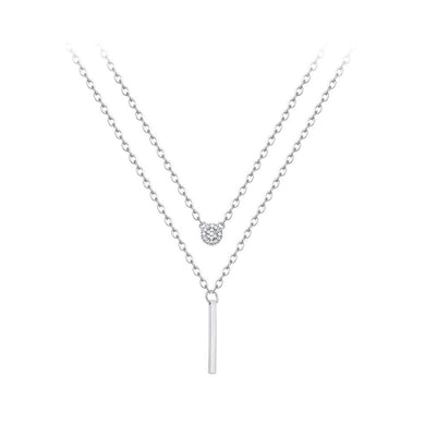 925 Sterling Silver Fashion Simple Geometric Bar Pendant with Cubic Zirconia and Double Layer Necklace