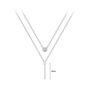 925 Sterling Silver Fashion Simple Geometric Bar Pendant with Cubic Zirconia and Double Layer Necklace