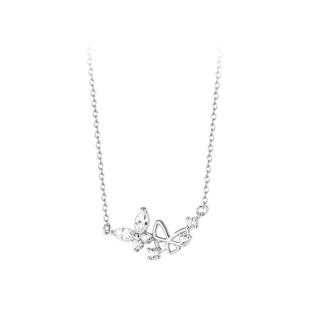 925 Sterling Silver Fashion and Elegant Double Butterfly Pendant with Cubic Zirconia and Necklace