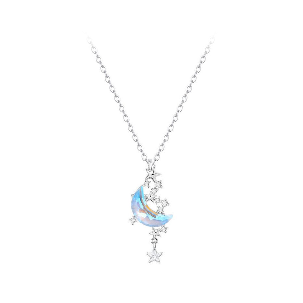 925 Sterling Silver Fashion Creative Moon Star Pendant with Cubic Zirconia and Necklace