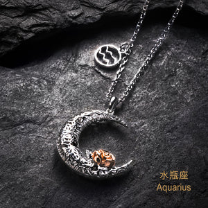 925 Sterling Silver Love on the Moon Pendant with Aquarius horoscope (20 Jan-18 Feb)